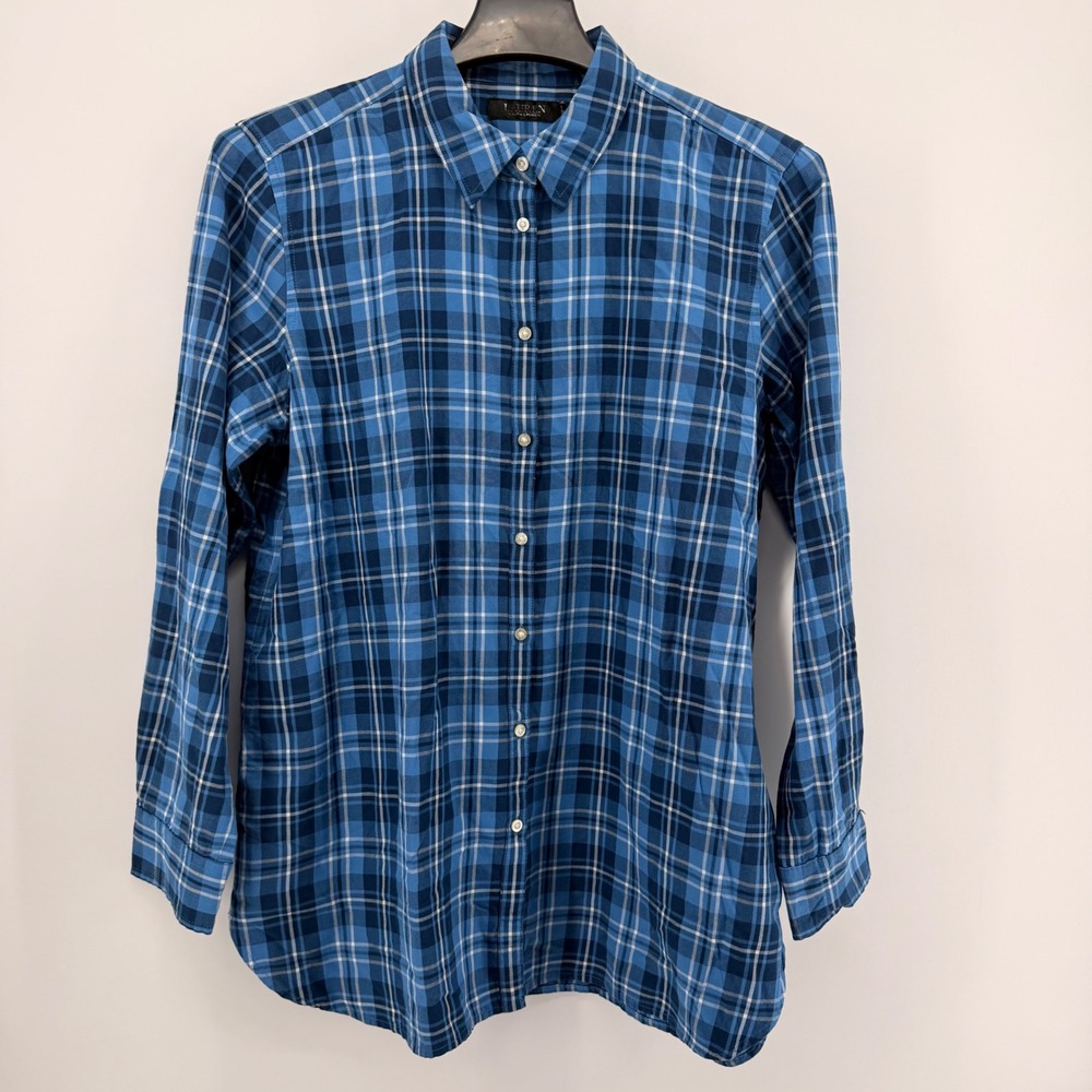 Lauren Ralph Lauren Button Down Womens XL Blue Plaid Roll Tab Long Sleeve Shirt